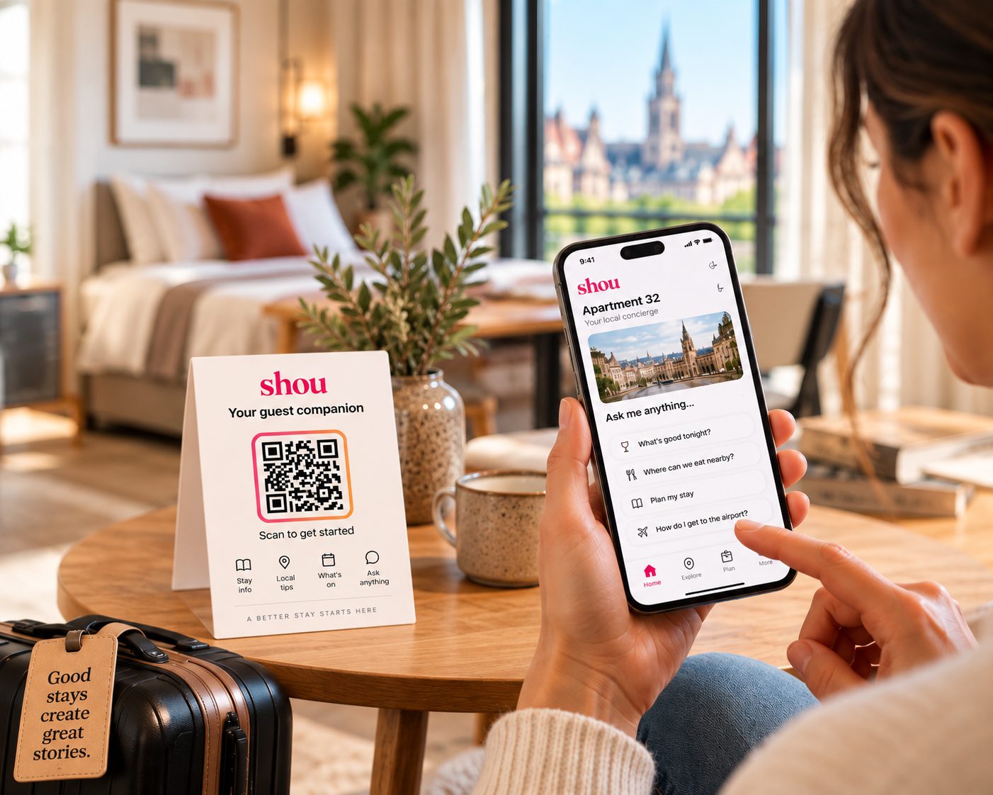 A guest using the shou app on their phone beside a QR welcome card in a bright serviced apartment with a city view