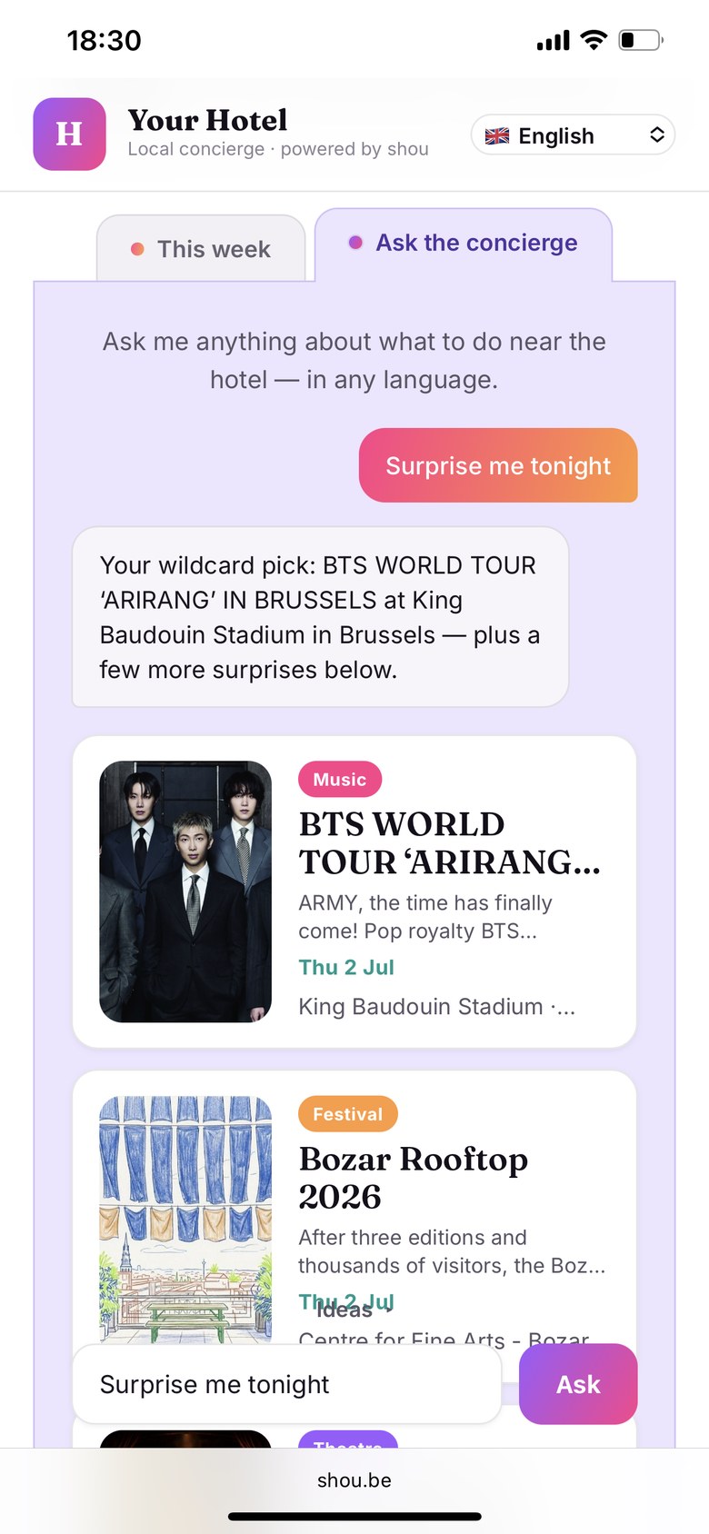 The shou concierge running in a guest's browser — This week and Ask the concierge tabs with local event suggestions.