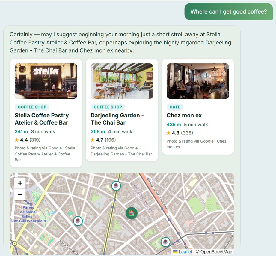 A real shou concierge answer — good coffee near the hotel, each place with a photo, rating, walking distance, and a map showing where they are.